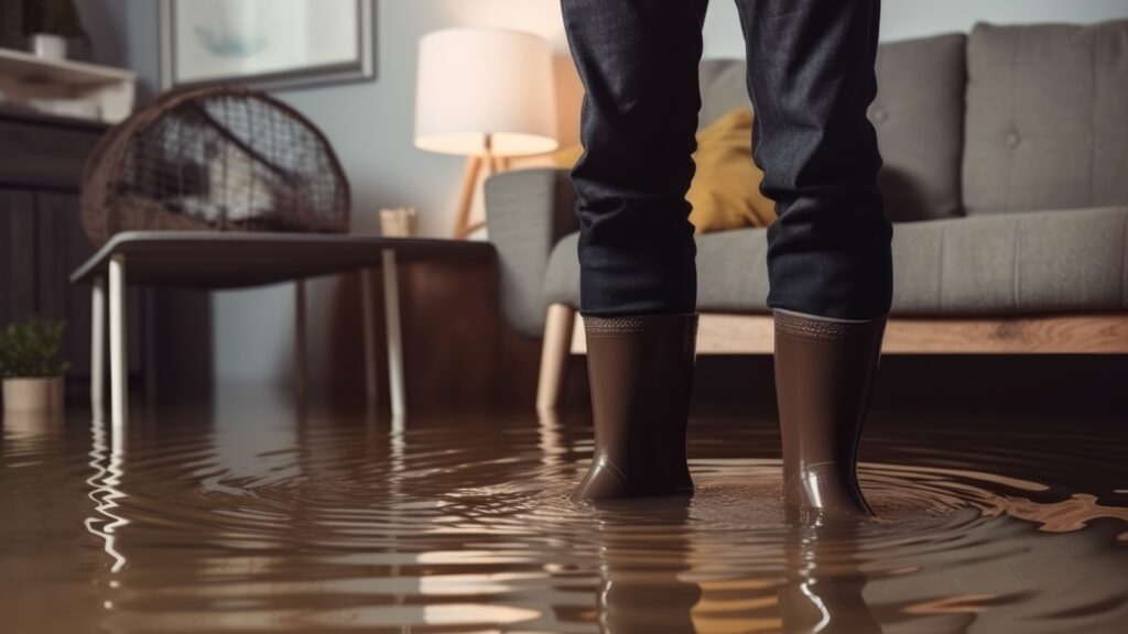 Man mit Gummistiefel steht in einem überfluteten Haus