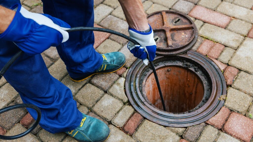 Kanalreinigungsdienst – Ein Mitarbeiter reinigt einen verstopften Abfluss mit Hy