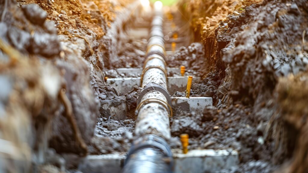 Verlegung von Wasserleitungen in einem Betongraben zur Wärmedämmung. Konzept: Wasserleitungen, Betongraben, Wärmedämmung, Verlegeverfahren, Anforderungen an die Sanitärinstallation