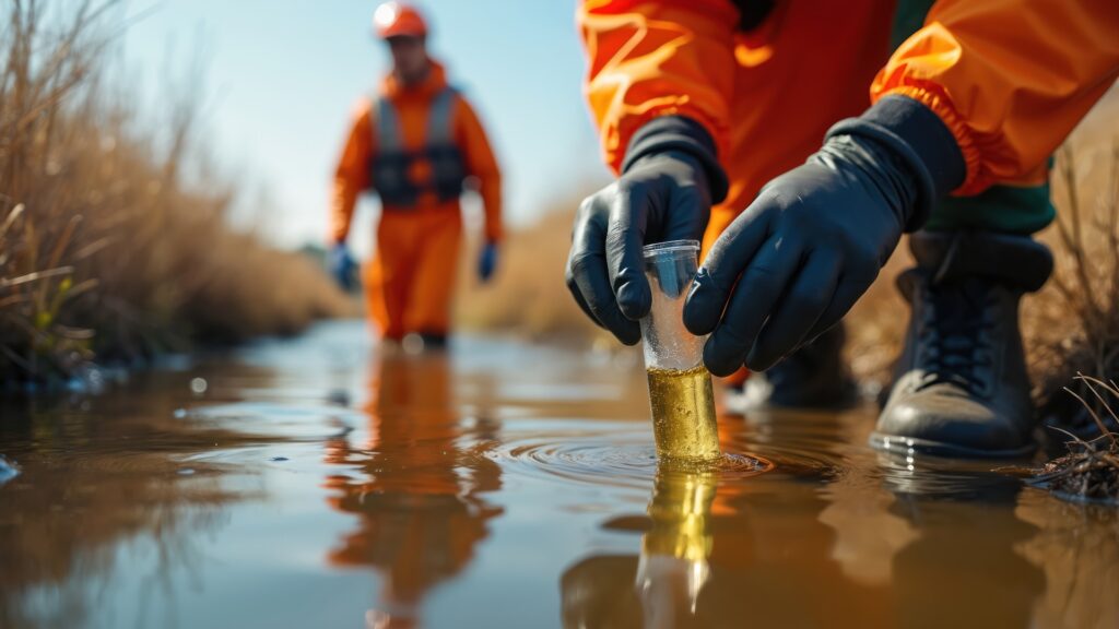 Wissenschaftler in orangefarbenen Schutzanzügen entnehmen Wasserproben in Reagenzgläsern. Sie überprüfen die Wasserqualität in einem Bach im Freien. Das Forschungsteam befasst sich mit der Analyse der Wasserreinheit.